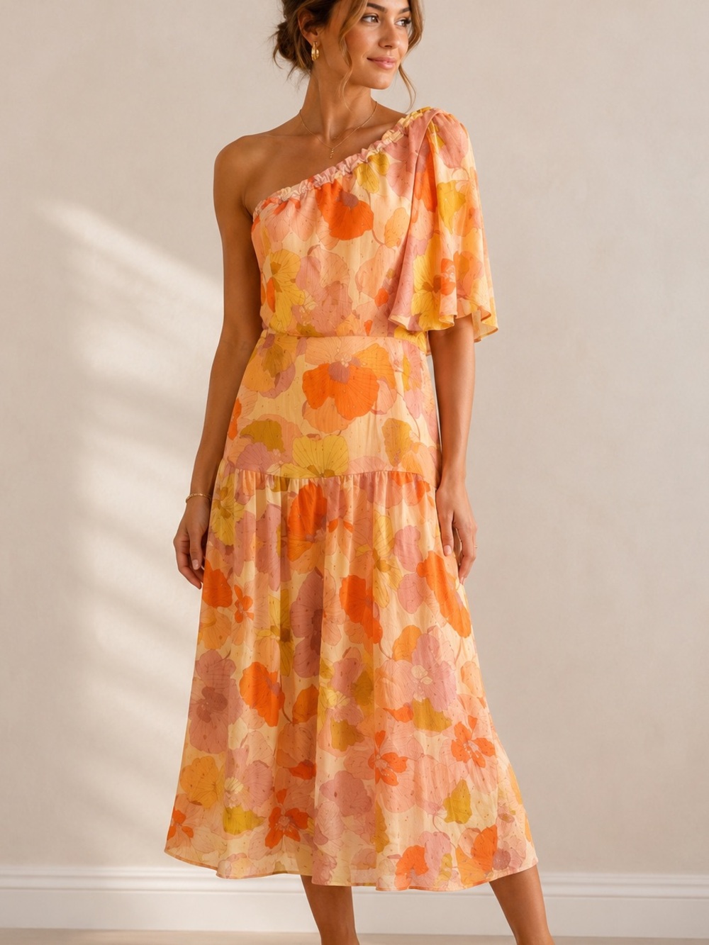 Taylor Floral Asymmetrical One-Shoulder Midi Dress